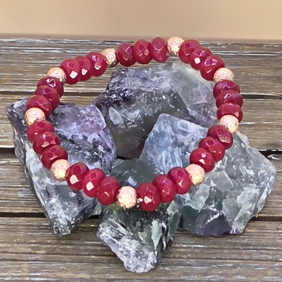 Persephone's Daughter Jewelry - Red Jade and Rose Gold Beaded Bracelet